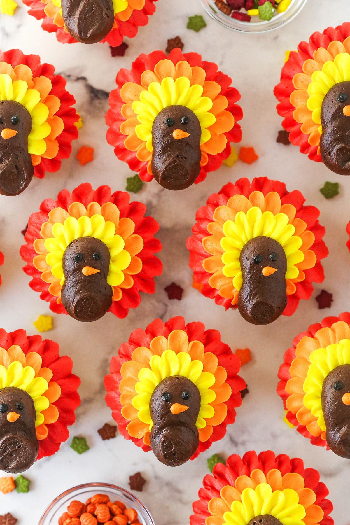 turkey cupcakes on marble countertop