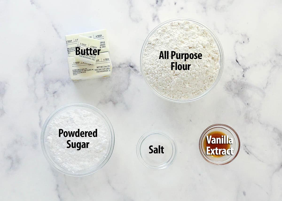 Overhead view of ingredients needed to make whipped shortbread cookies