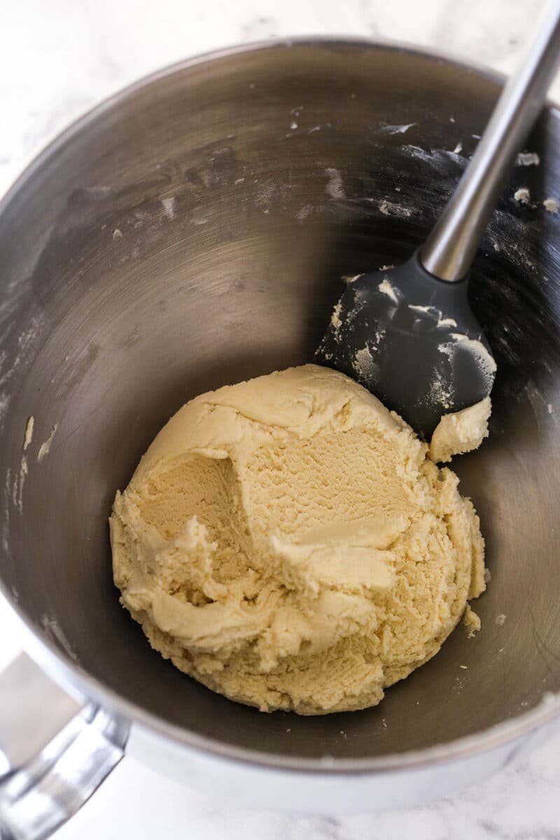 Shortbread cookie dough in a mixing bowl