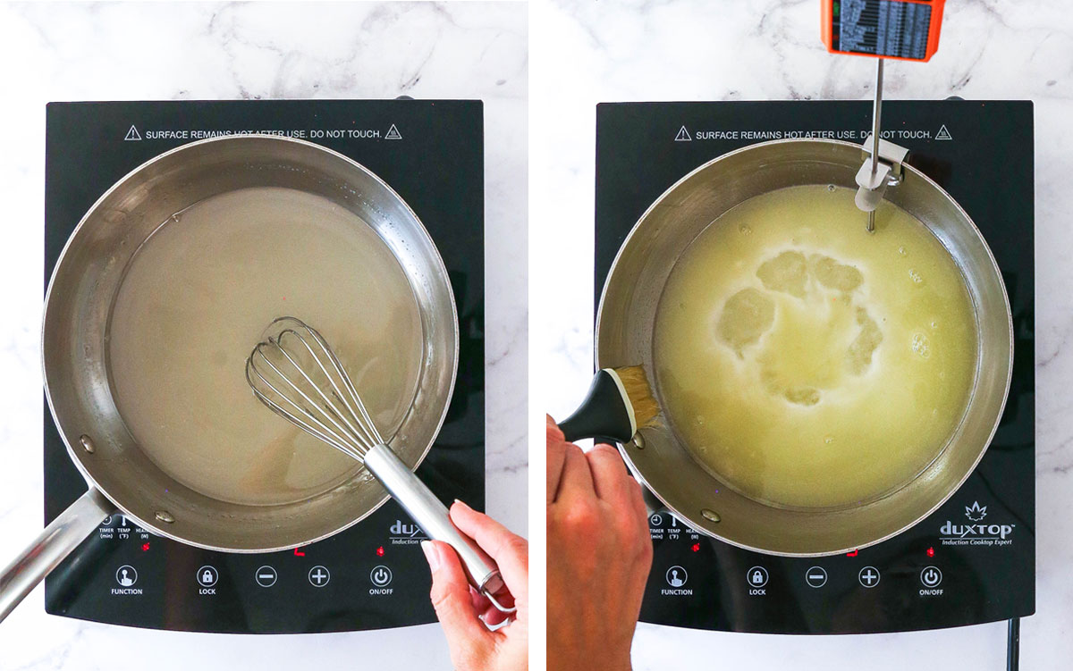 melting sugar and water on left, adding butter and melting, then bring to a boil on right