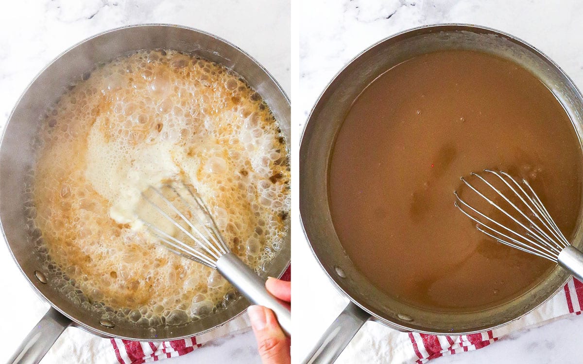 adding heavy cream to caramel on left, caramel sauce on right