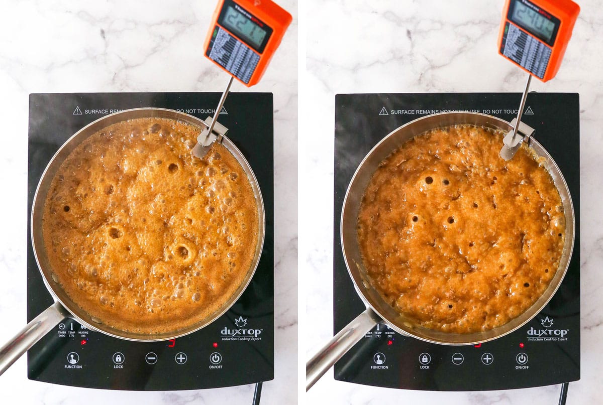 two stages of cooking the homemade caramels, on the right is when it's just about done