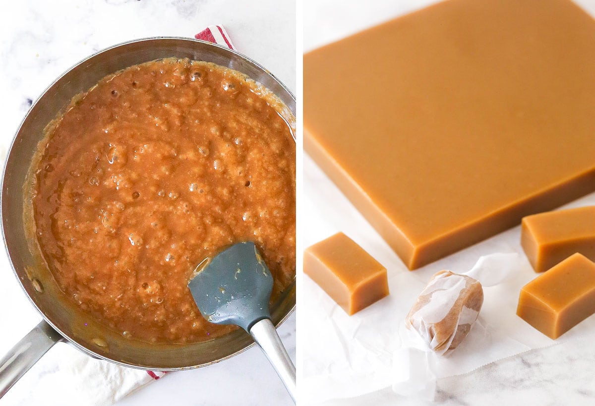 final homemade caramels mixture, still boiling after removing from heat on the left, cooled and cutting up the caramels and wrapping them on right