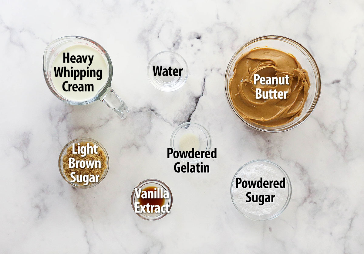 Overhead view of ingredients needed to make peanut butter mousse