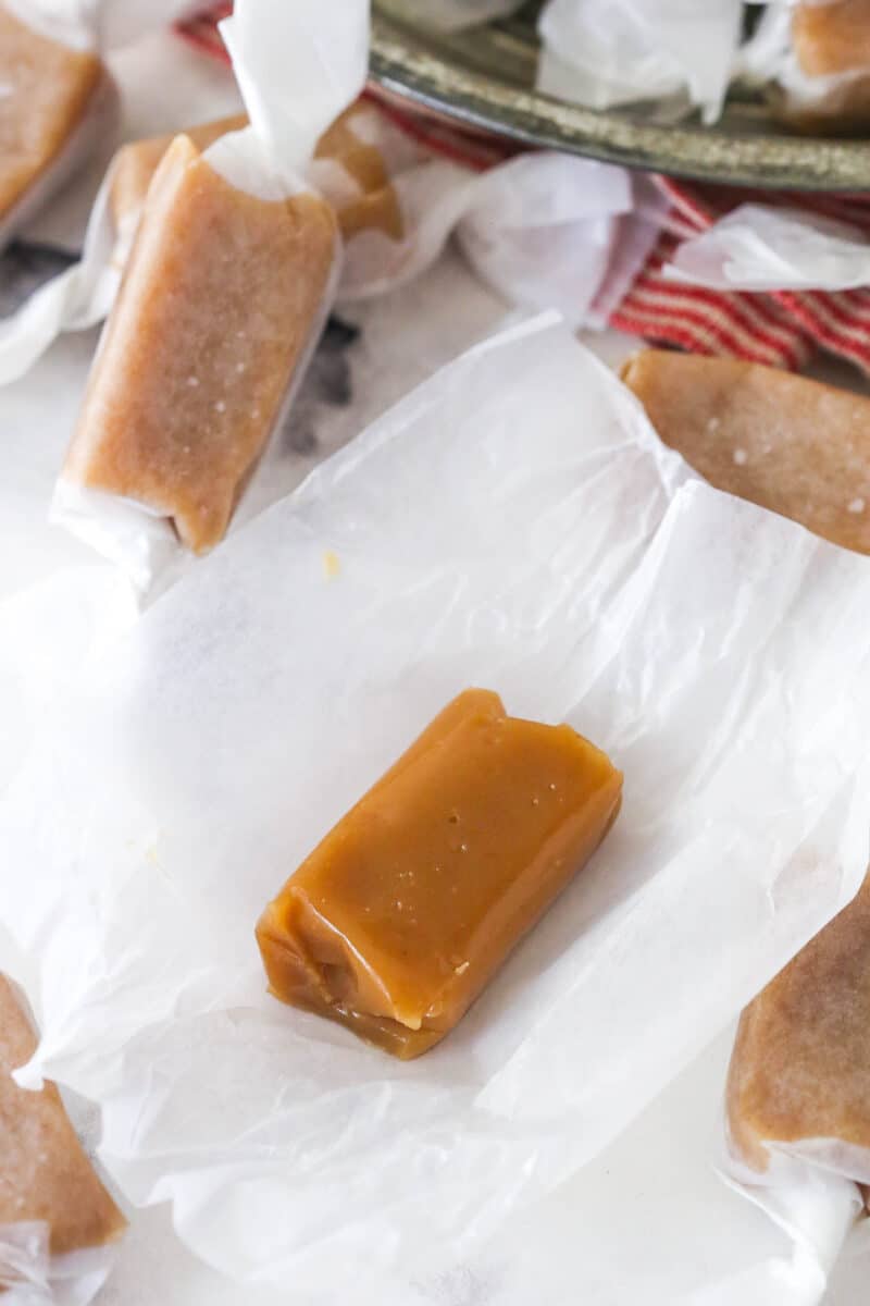 homemade caramel unwrapped on countertop