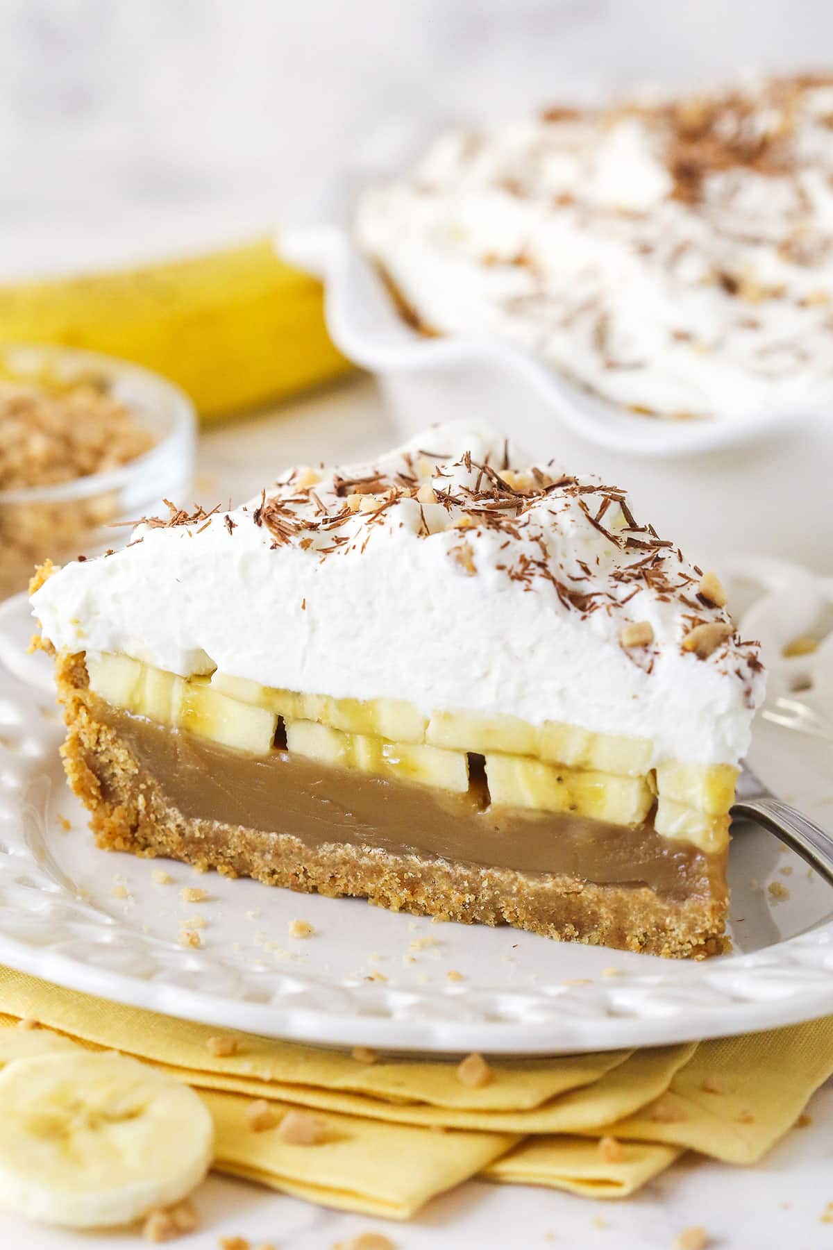 A slice of banoffee pie on a white plate