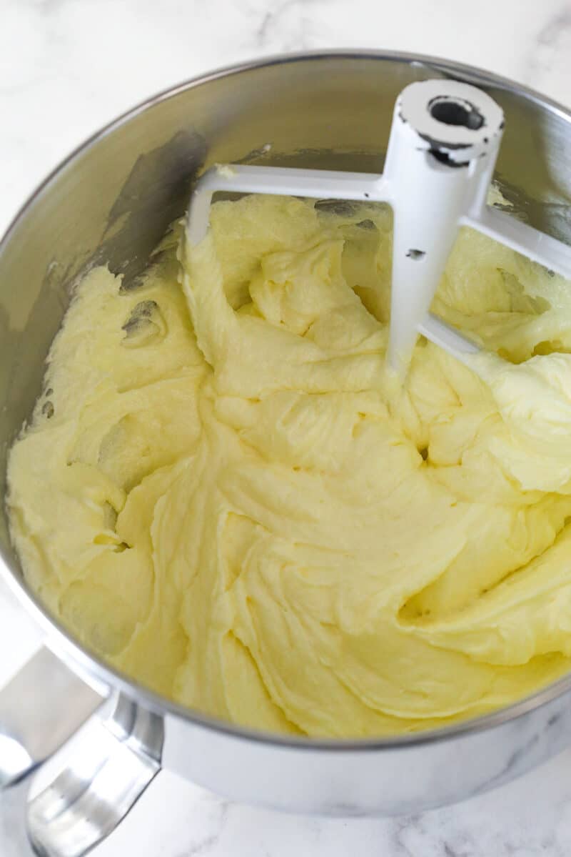 Eggs mixed into creamed butter and sugar