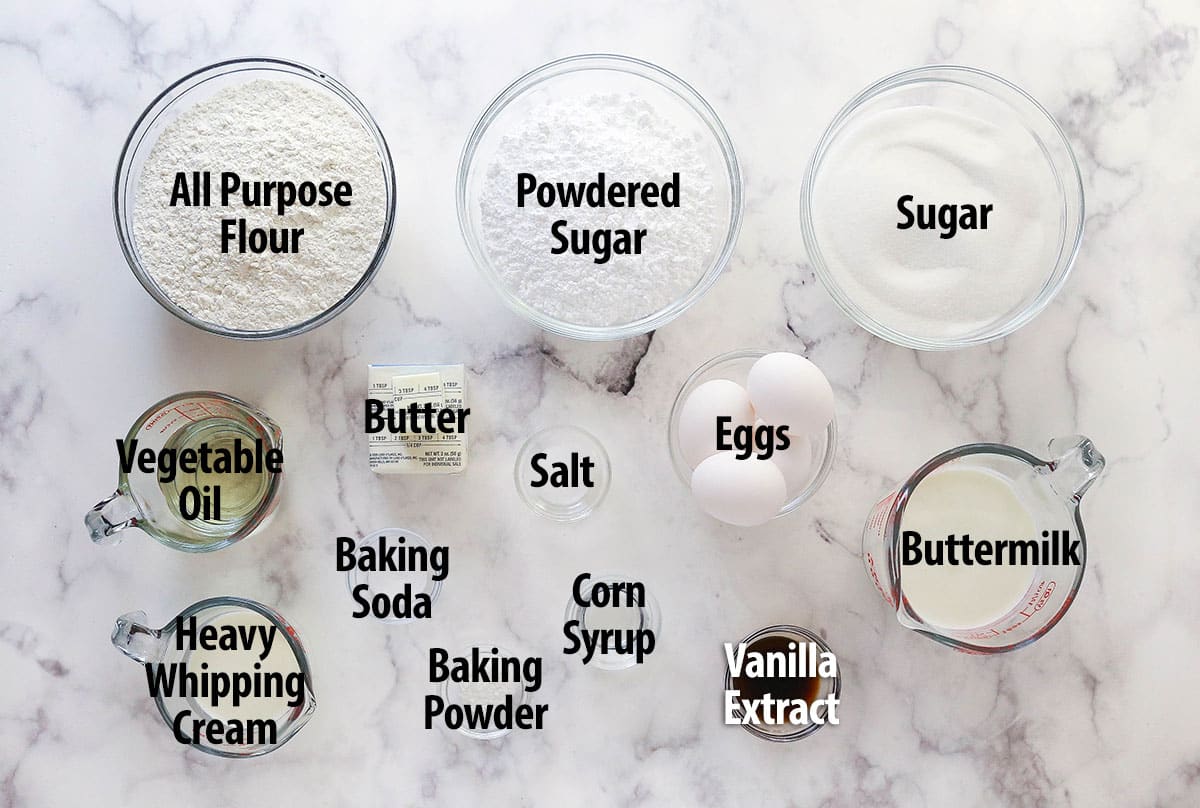 Overhead view of ingredients needed to make vanilla bundt cake