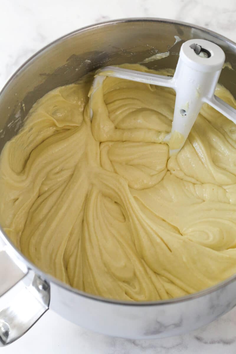 Bundt cake batter in a mixing bowl.