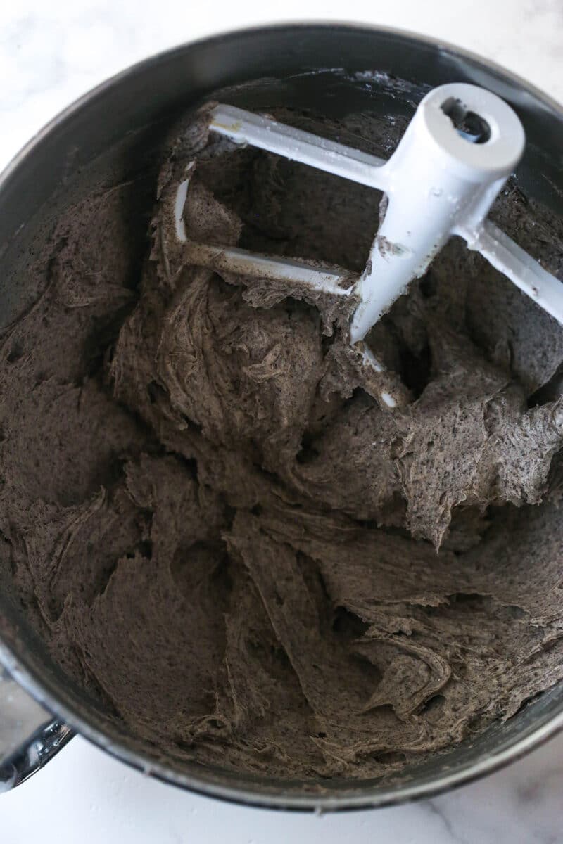 Making Oreo buttercream for Oreo cupcakes.