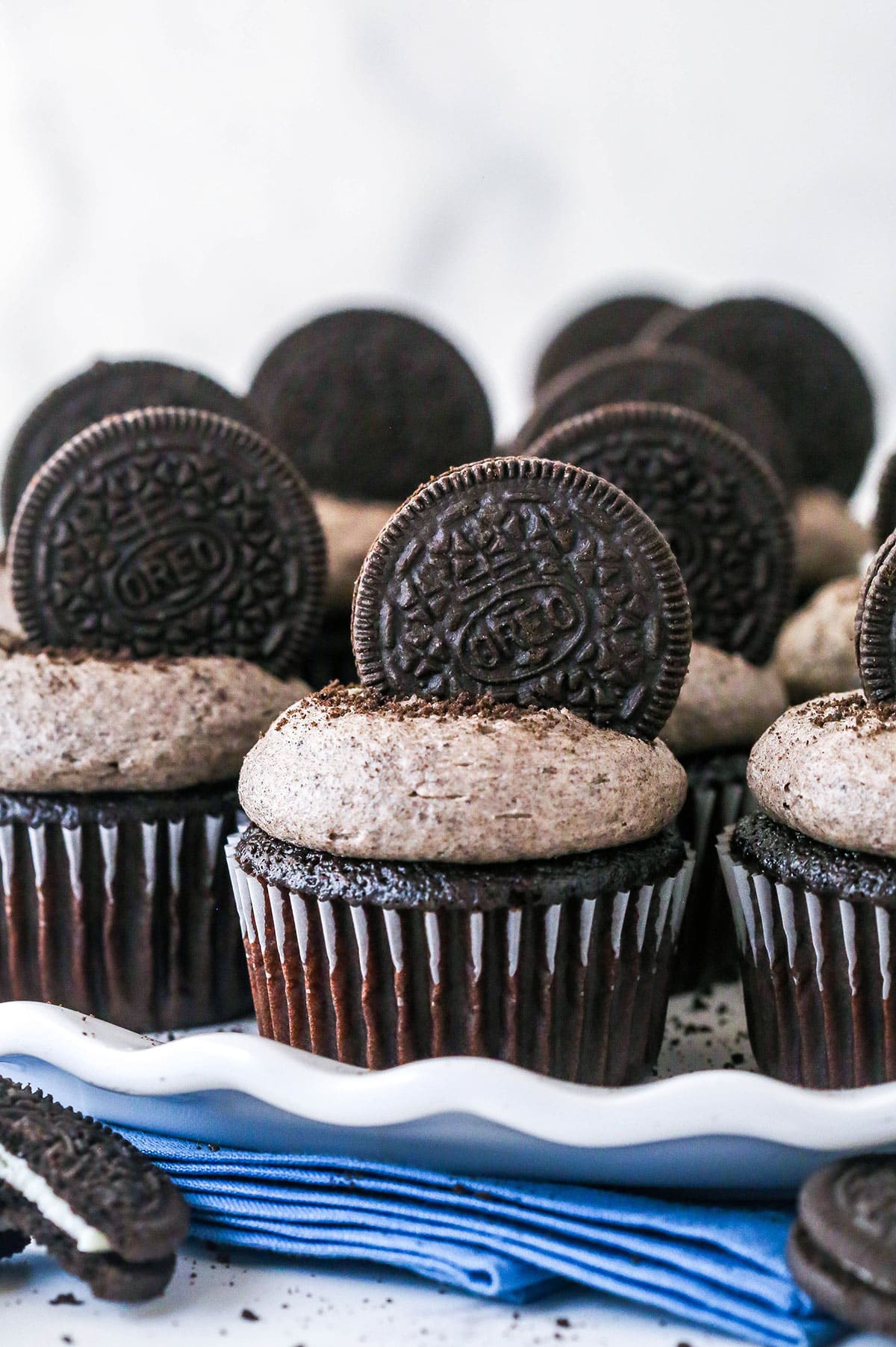 Closeup of Oreo cupcakes on a serving platter.