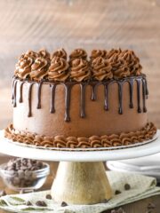 A homemade chocolate cake on a cake stand